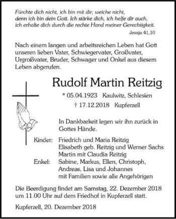 Traueranzeige von Rudolf Reitzig 