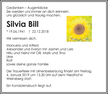 Traueranzeige von Silvia Bill 