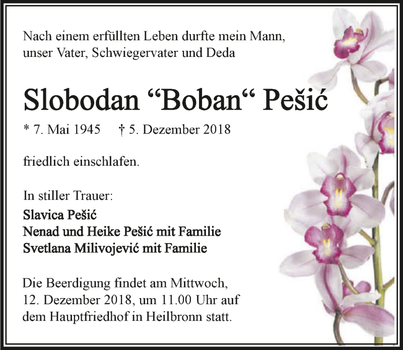  Traueranzeige für Slobodan Pesic vom 08.12.2018 aus 
