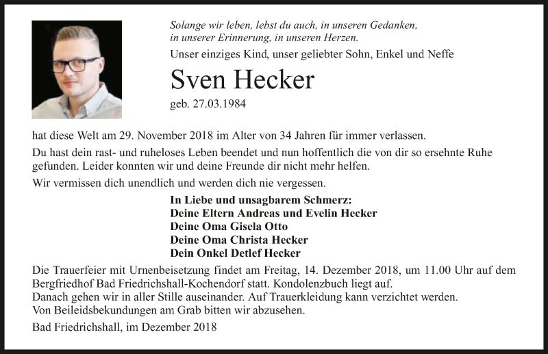  Traueranzeige für Sven Hecker vom 08.12.2018 aus 