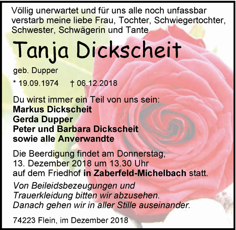  Traueranzeige für Tanja Dickscheit vom 08.12.2018 aus 