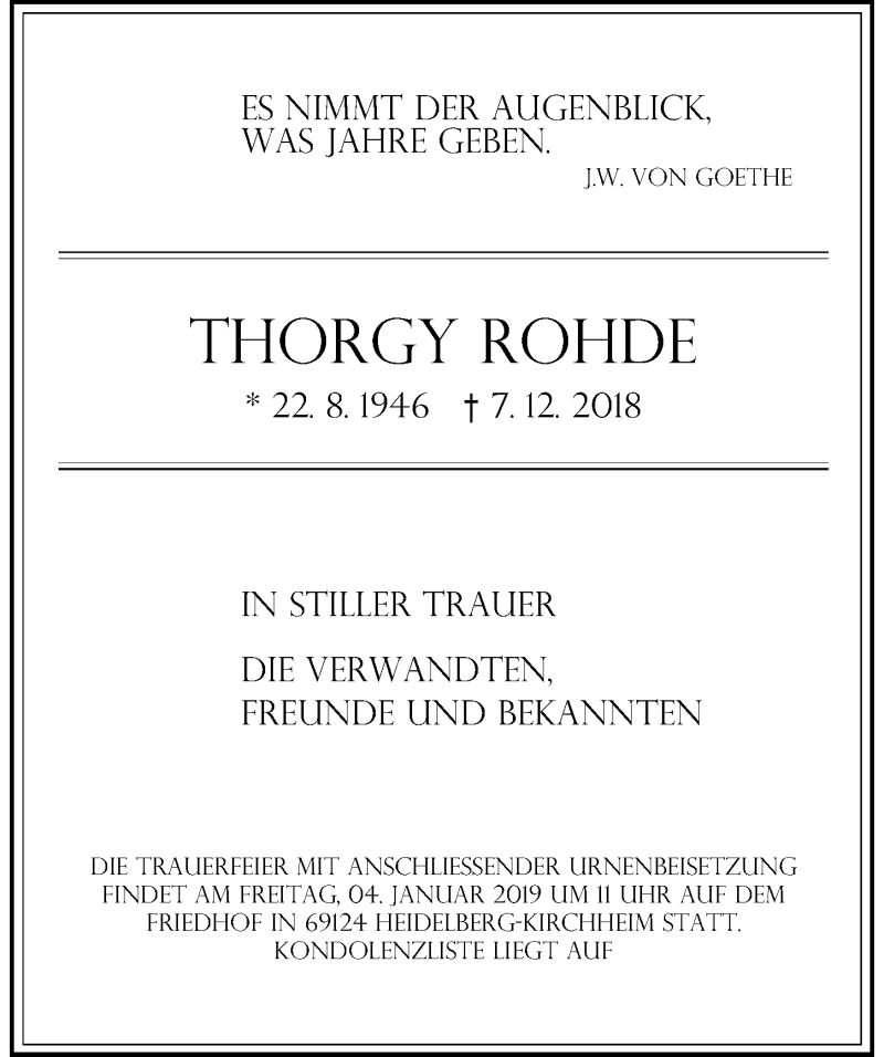  Traueranzeige für Thorgy Rohde vom 29.12.2018 aus 