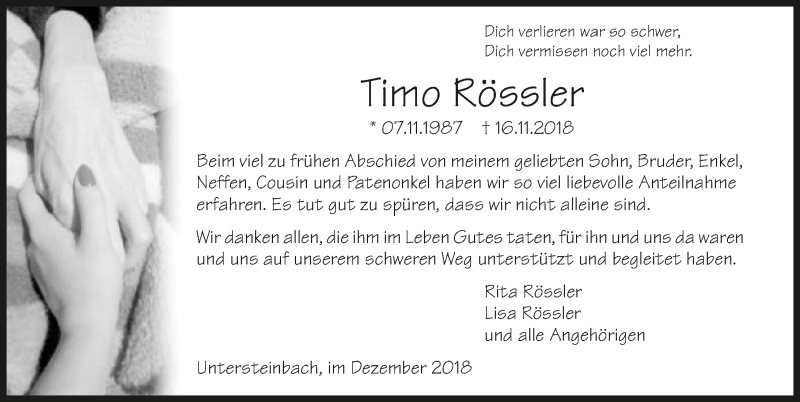  Traueranzeige für Timo Rössler vom 15.12.2018 aus 
