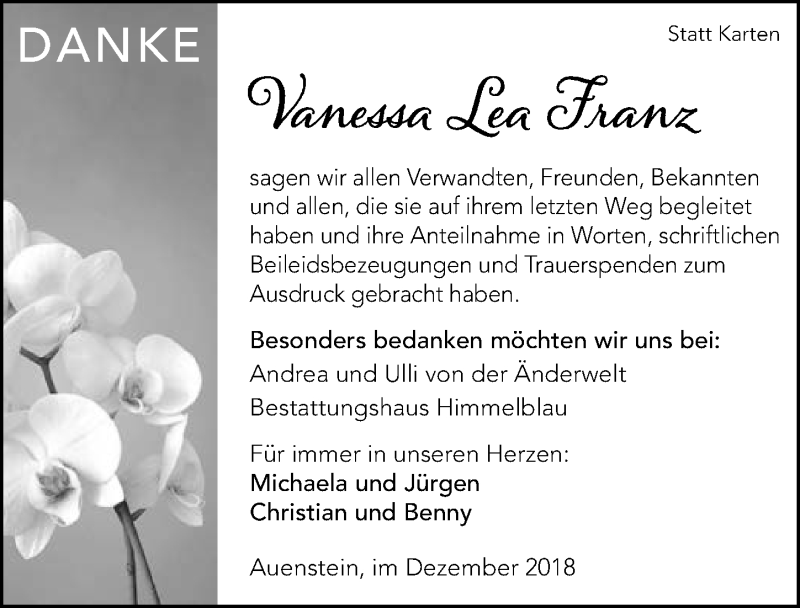  Traueranzeige für Vanessa Lea Franz vom 08.12.2018 aus 