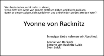 Traueranzeige von Yvonne Freifrau von Racknitz 