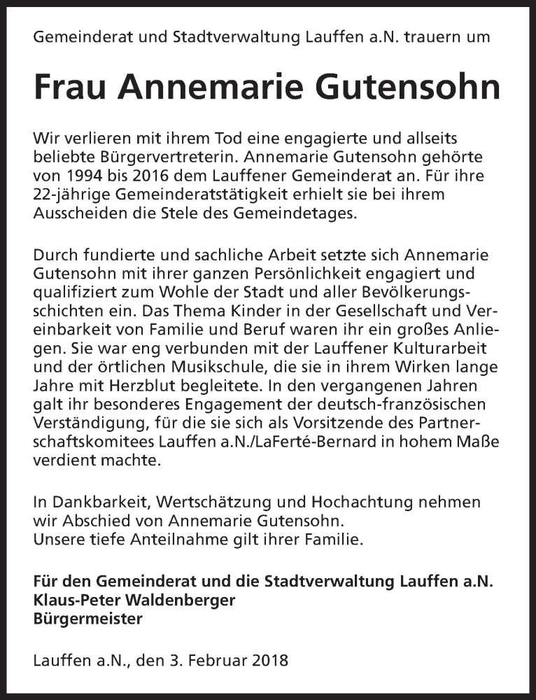  Traueranzeige für Annemarie Gutensohn vom 03.02.2018 aus 