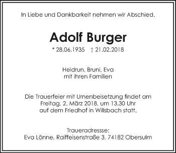 Traueranzeige von Adolf Burger 