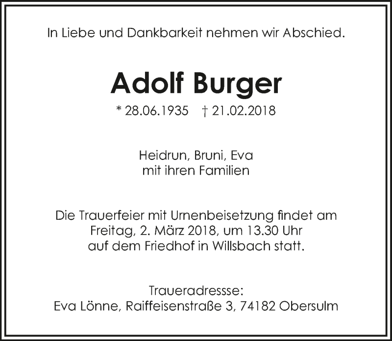  Traueranzeige für Adolf Burger vom 27.02.2018 aus 