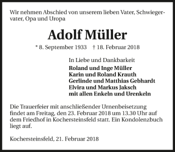 Traueranzeige von Adolf Müller