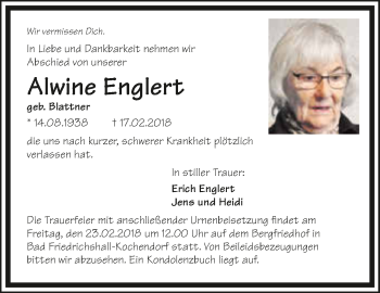 Traueranzeige von Alwine Englert 