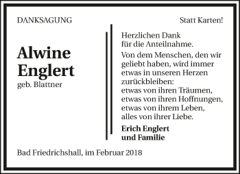 Traueranzeige von Alwine Englert 
