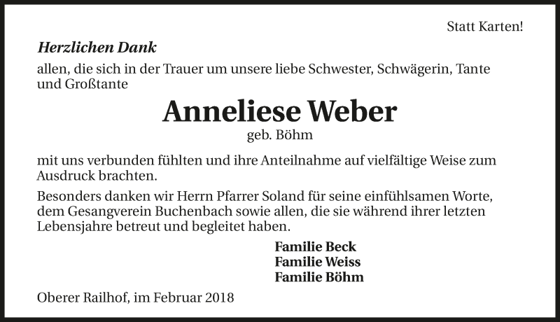  Traueranzeige für Anneliese Weber vom 17.02.2018 aus 