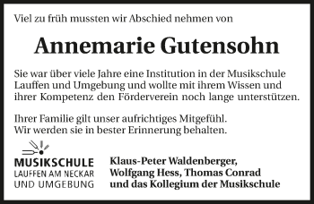 Traueranzeige von Annemarie Gutensohn 
