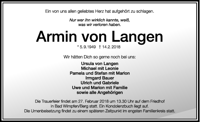  Traueranzeige für Armin von Langen vom 24.02.2018 aus 