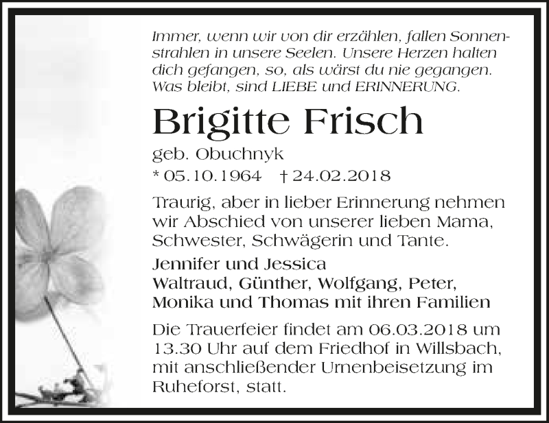  Traueranzeige für Brigitte Frisch vom 28.02.2018 aus 