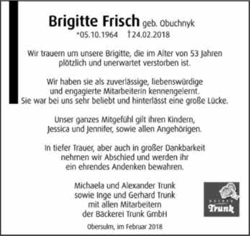  Traueranzeige für Brigitte Frisch vom 27.02.2018 aus 