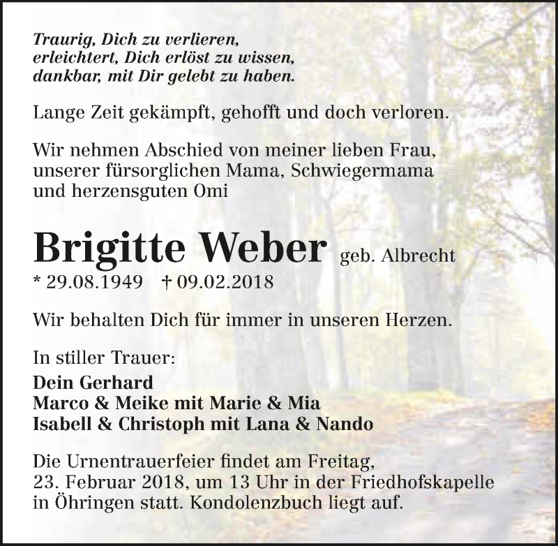  Traueranzeige für Brigitte Weber vom 17.02.2018 aus 