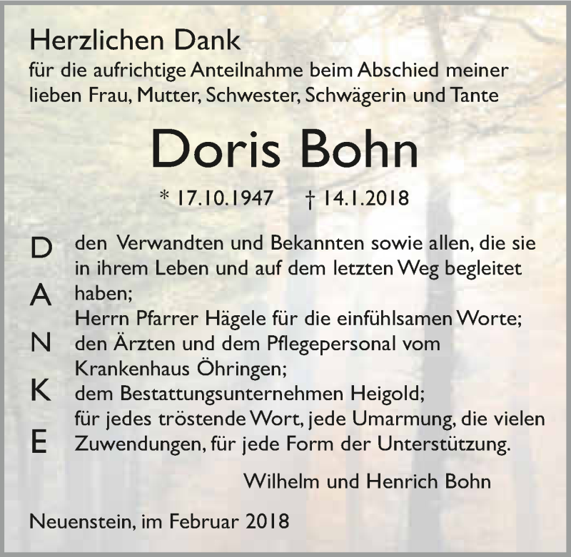  Traueranzeige für Doris Bohn vom 03.02.2018 aus 