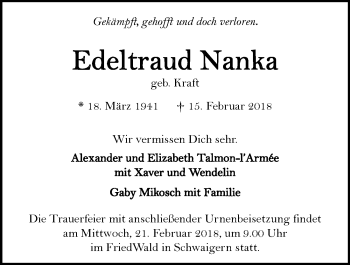 Traueranzeige von Edeltraud Nanka 