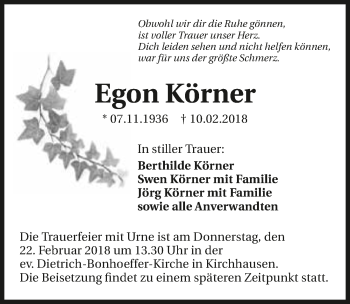 Traueranzeige von Egon Körner 