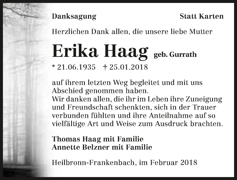  Traueranzeige für Erika Haag vom 10.02.2018 aus 