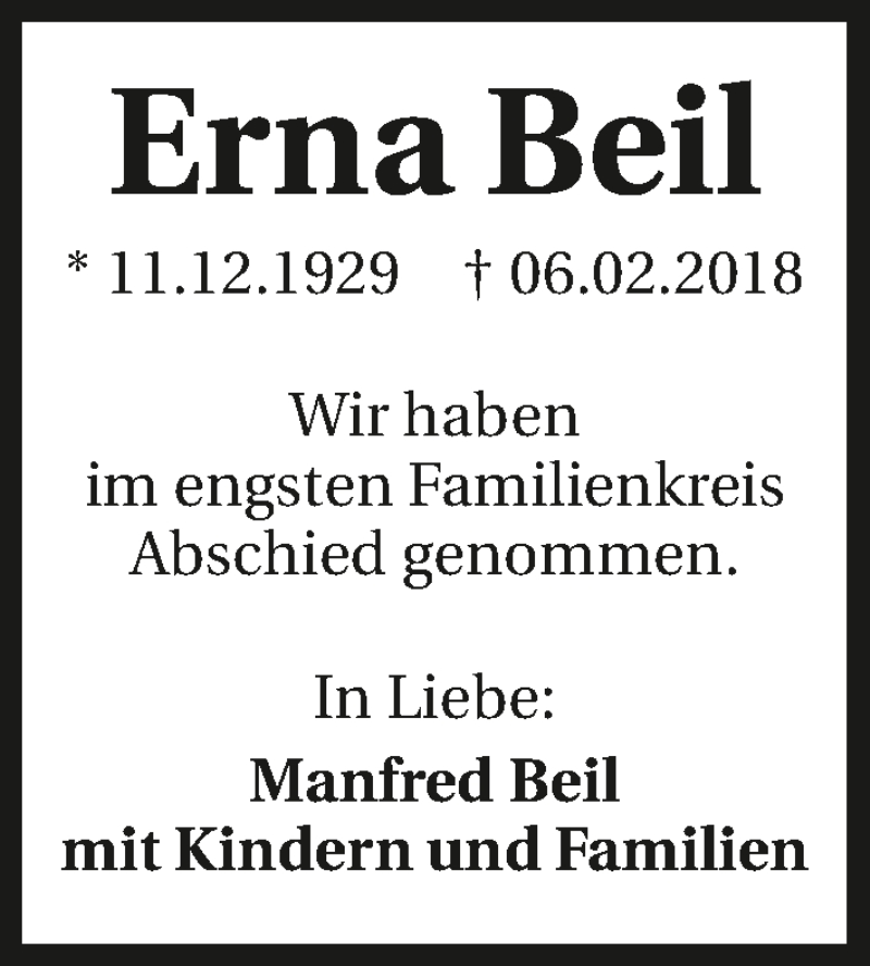  Traueranzeige für Erna Beil vom 13.02.2018 aus 