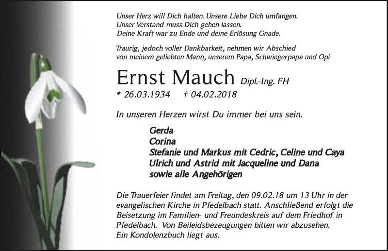  Traueranzeige für Ernst Mauch vom 07.02.2018 aus 