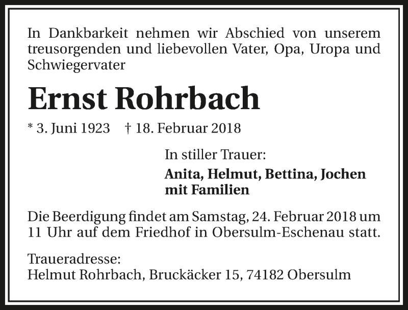  Traueranzeige für Ernst Rohrbach vom 21.02.2018 aus 