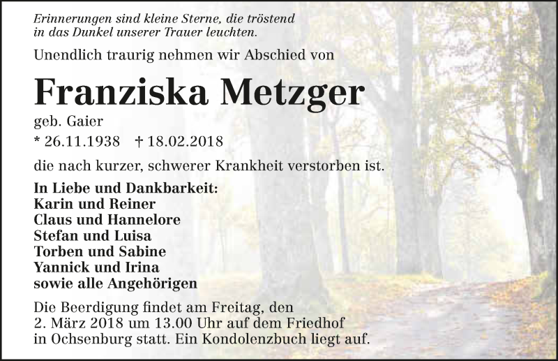 Traueranzeige für Franziska Metzger vom 24.02.2018 aus 