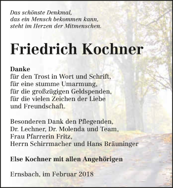 Traueranzeige von Friedrich Kochner 
