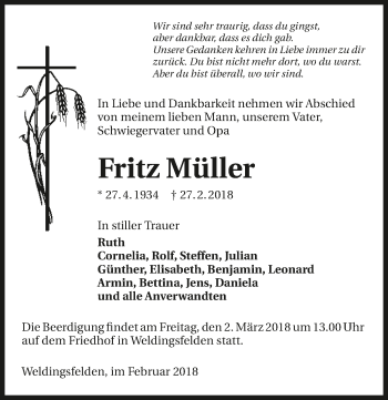 Traueranzeige von Fritz Müller 