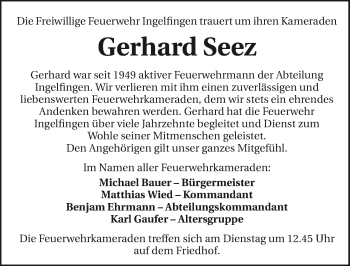 Traueranzeige von Gerhard Seez 