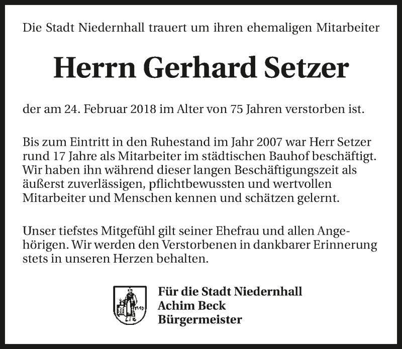  Traueranzeige für Gerhard Setzer vom 27.02.2018 aus 