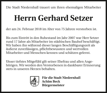 Traueranzeige von Gerhard Setzer 