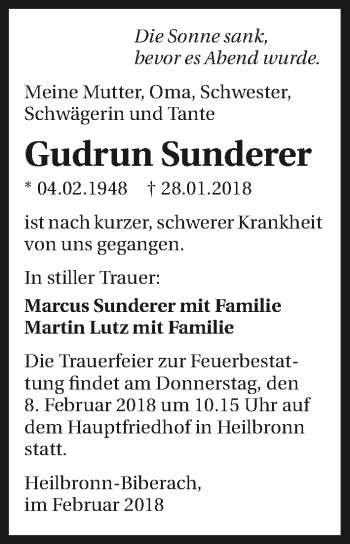 Traueranzeige von Gudrun Sunderer 