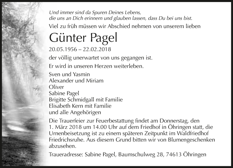  Traueranzeige für Günter Pagel vom 27.02.2018 aus 