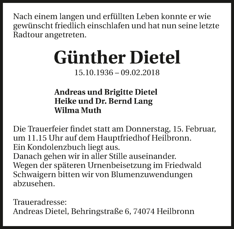  Traueranzeige für Günther Dietel vom 12.02.2018 aus 