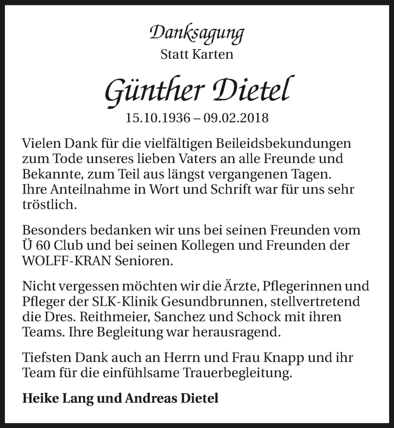  Traueranzeige für Günther Dietel vom 28.02.2018 aus 