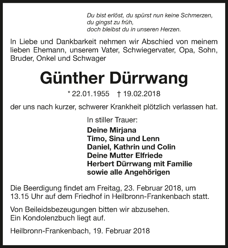  Traueranzeige für Günther Dürrwang vom 21.02.2018 aus 