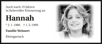Traueranzeige von Hannah  