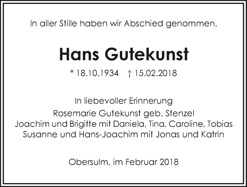  Traueranzeige für Hans Gutekunst vom 22.02.2018 aus 