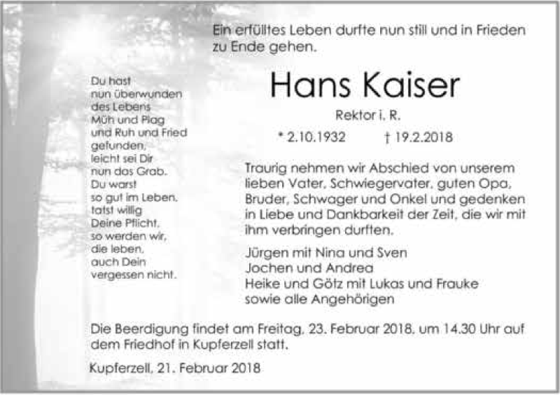  Traueranzeige für Hans Kaiser vom 21.02.2018 aus 