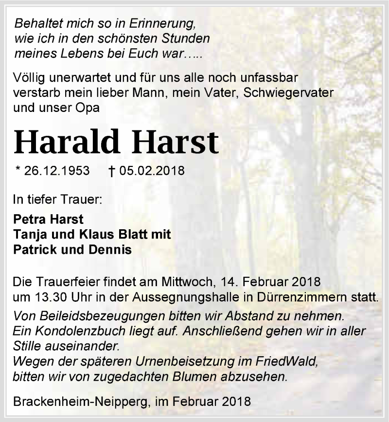  Traueranzeige für Harald Harst vom 10.02.2018 aus 
