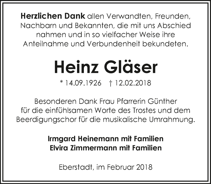  Traueranzeige für Heinz Gläser vom 20.02.2018 aus 