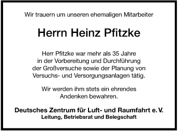 Traueranzeige von Heinz Pfitzke 