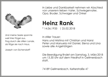 Traueranzeige von Heinz Rank 