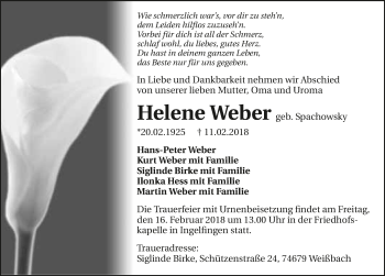 Traueranzeige von Helene Weber 
