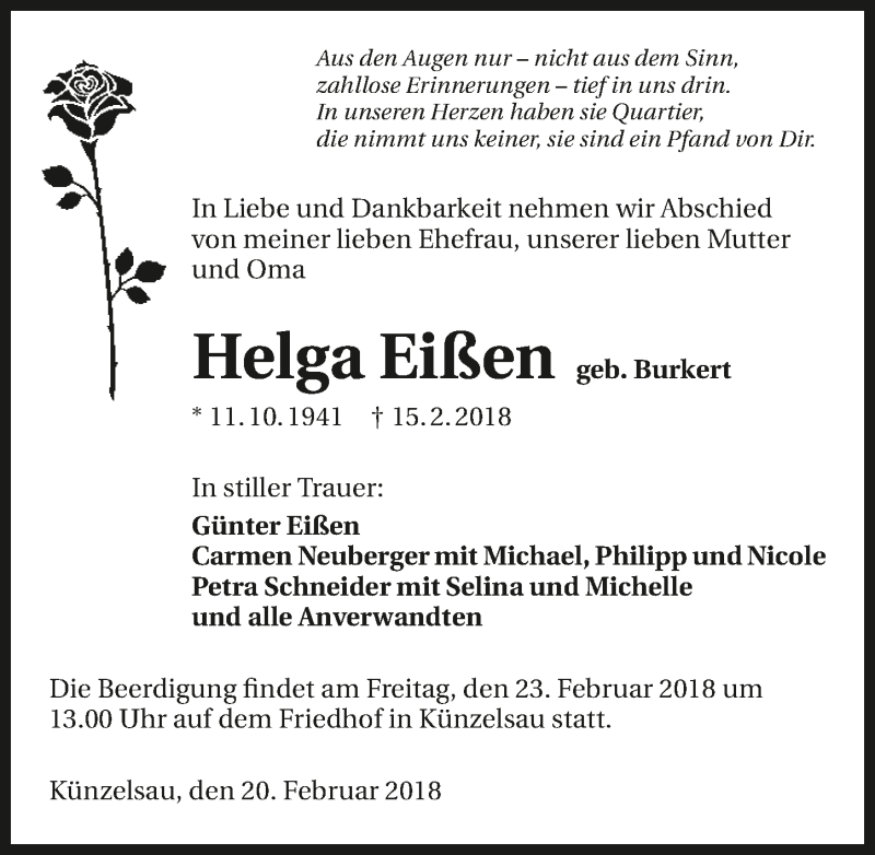  Traueranzeige für Helga Eißen vom 20.02.2018 aus 
