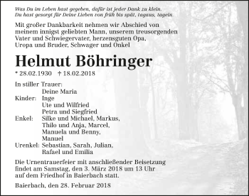 Traueranzeige von Helmut Böhringer 