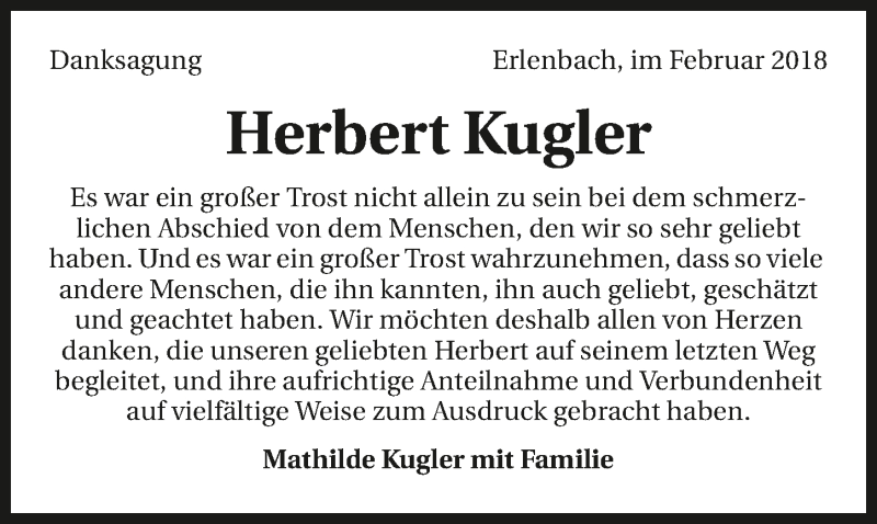  Traueranzeige für Herbert Kugler vom 10.02.2018 aus 